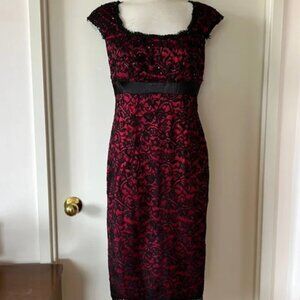 Tadashi Shoji Cherry Red Dress w Black Lace Overlay Sz 6 GUC